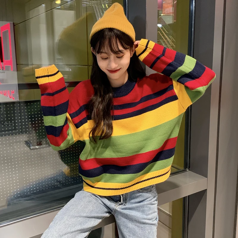 

Chic Cute Retro Striped Loose Sweater Women's Sweaters Japanese Kawaii Ulzzang Female Korean Harajuku Clothing For Women