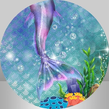 

Circle Round Backdrop Mermaid Background Baby Shower Birthday Photography Backdrop Under Water Coral Shell Scales Blue Photocall