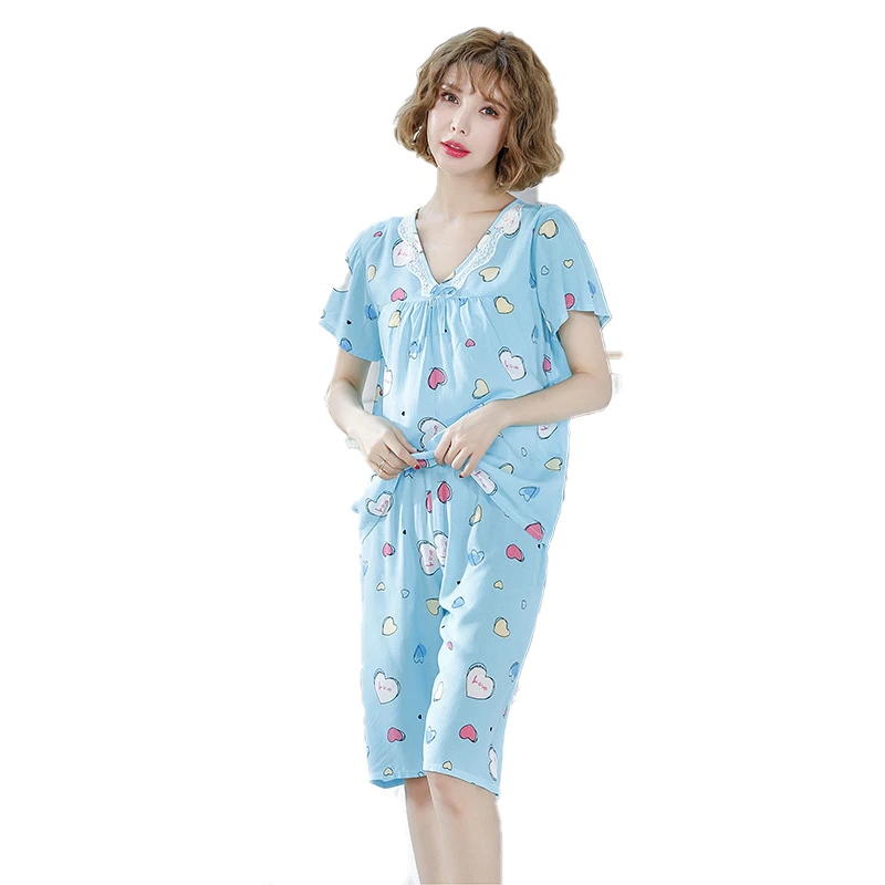 

Summer Cotton Women Sleep Pajama Sets Female Print Short Sleeve Thin Sleepwear Home Loose Breathable V Neck Nightwear Shorts