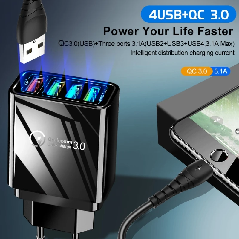 48W зарядное устройство 3,0 USB зарядное устройство с LEDfor samsung iPhone huawei XIAOMI планшет QC 3,0 быстрое настенное зарядное устройство США ЕС Великобритания разъем-адаптер