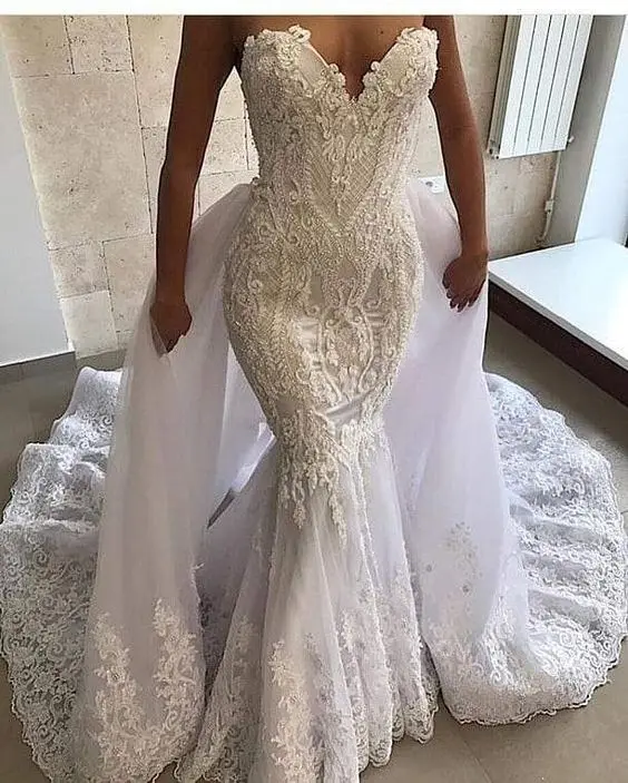 Sexy Mermaid Wedding Dress 2 in 1Lace Appliques Sweetheart Bridal Wedding Gowns with Detachable Skirt Robe De Mariage