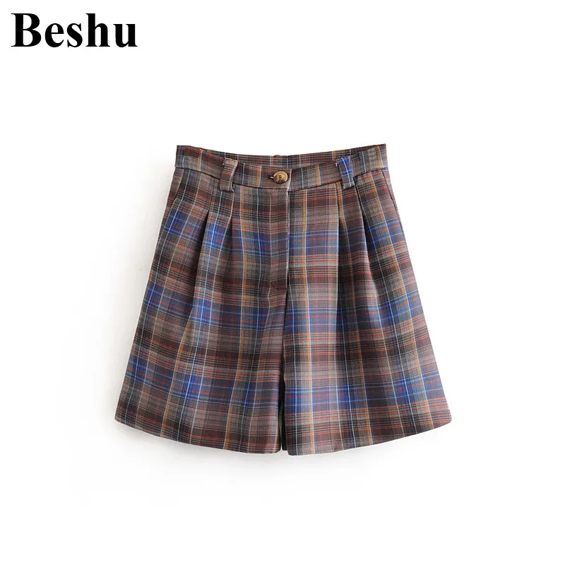 Женские клетчатые шорты za цветные на молнии с декоративными пуговицами простые