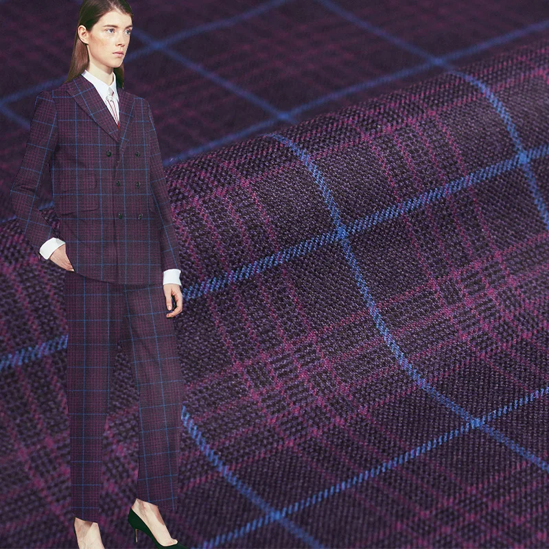 

Red Raspberry Purple Plaid Yarn Dyed Worsted Wool Fabrics Material Autumn Women Suits Pants Sewing Cloth Tailor Freeshipping
