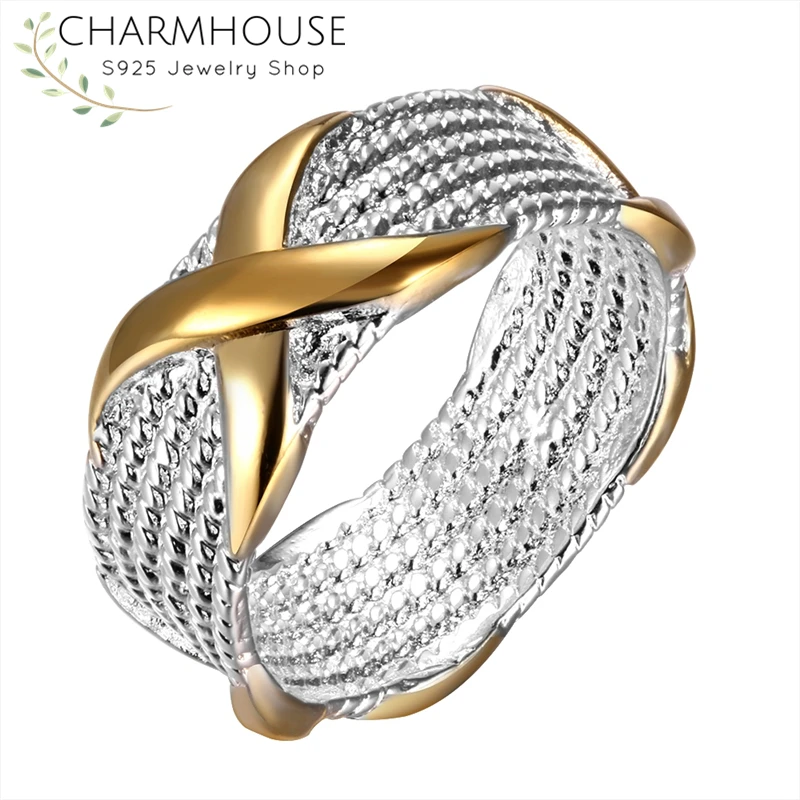 Charmhouse чистого серебра 925 серебряных колец для Для женщин Золотой Цвет X палец кольцо размер 7/8/9 обручальное Модные украшения Bague украшения anillo