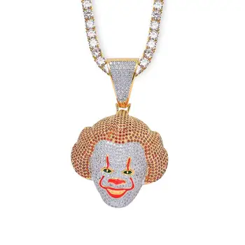

Hip Hop Jewelry Cosplay Classic Brass Clown Pendant Necklace Micro Paved Zircon Stone Collier Two Tone Bijouterie