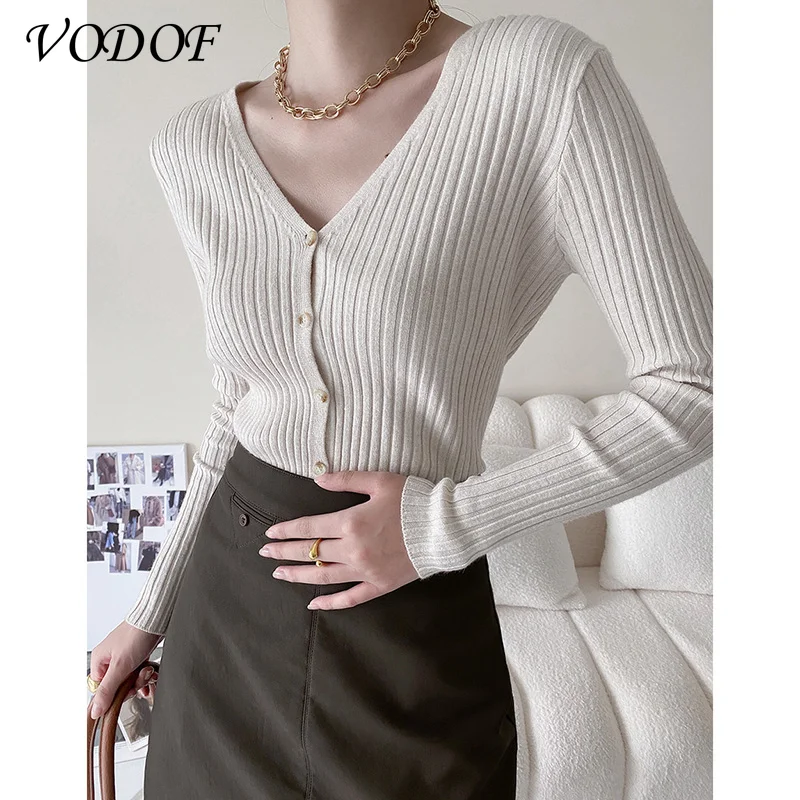 

VODOF 2021 Knit Short Tight-fitting Cardigan Women's Korean Short Sweater Long-sleeved V-neck Cardigan Women's Dropshipping