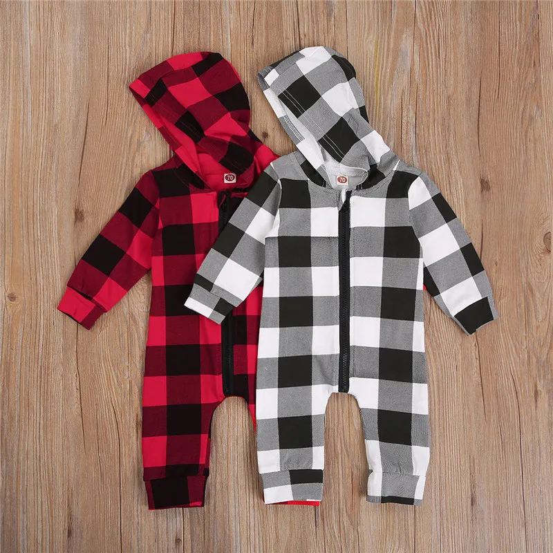 

2020 infant Baby girl Boyâ€™s Long Sleeve Jumpsuit Autumn Personality Plaid Hooded Zipper up One Piece Long Pants for christmas