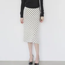 Новинка, трикотажная Юбка До Колена, высокая талия, прямые, эластичные, зима-осень, юбки для женщин, с разрезом, черный, белый, в горошек