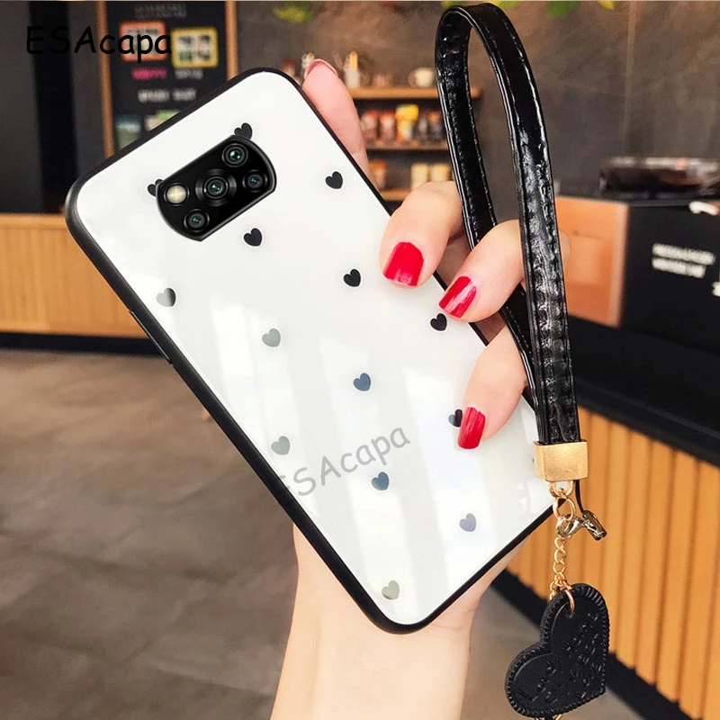 Love Heart Tempered Glass Phone Case For Xiaomi POCO X3 NFC M3 Redmi Note 9T 9S 9 Power 9 Pro Max Mi 10T Lite Lanyard Cover