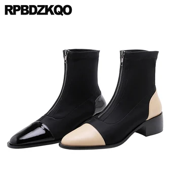 

boots short block chunky patent leather designer shoes women luxury 2019 size 34 ankle autumn black front zipper casual fall