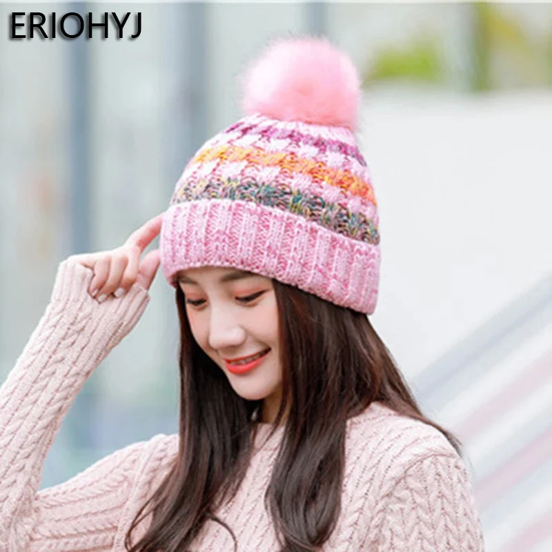 

2020 New winter hat luxury quality Fox fur pompom hats beanie High quality Girls women bonnet winter hats for women