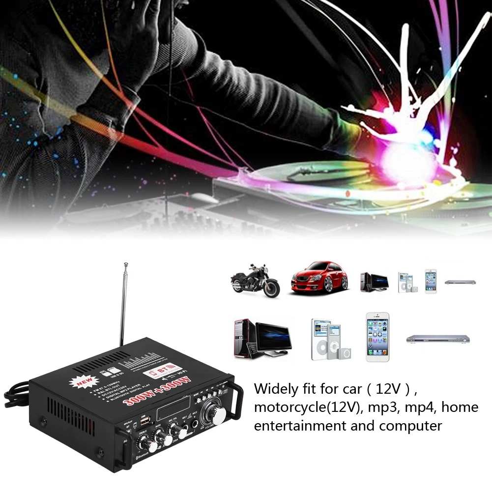 Автомобильный DC 12 V/AC 220V 2CH 600W lcd Цифровой пульт дистанционного управления аудио усилитель Bluetooth Hi-Fi стерео усилитель мощности для автомобиля мотоцикла mp3