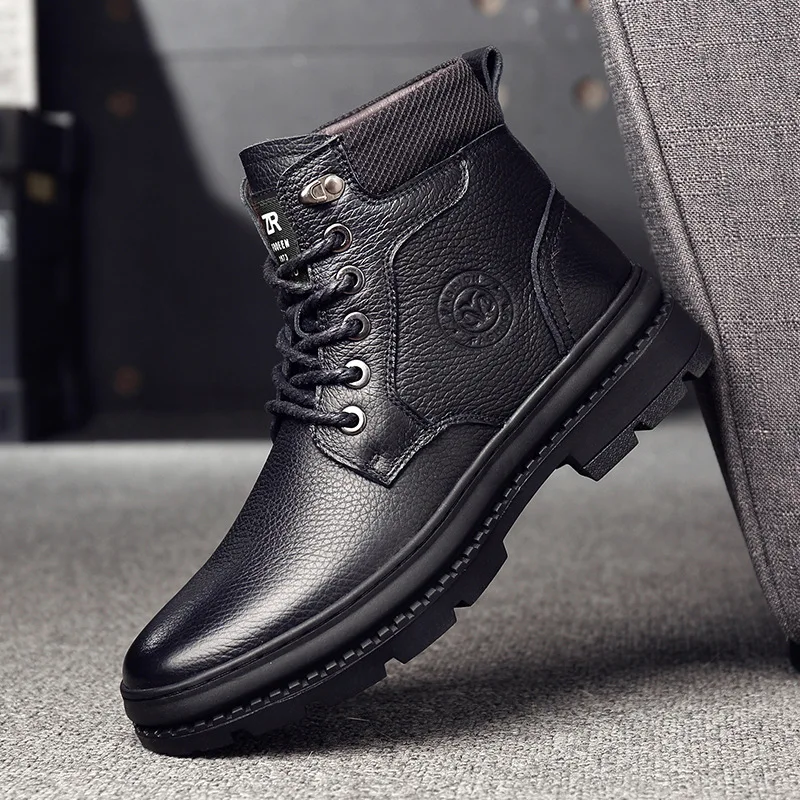 

2019 New Style Winter Men Cowhide Martin Boots Casual Mid-top Leather Boots Warm Men's Boot Snow Boots Trendy Shoes