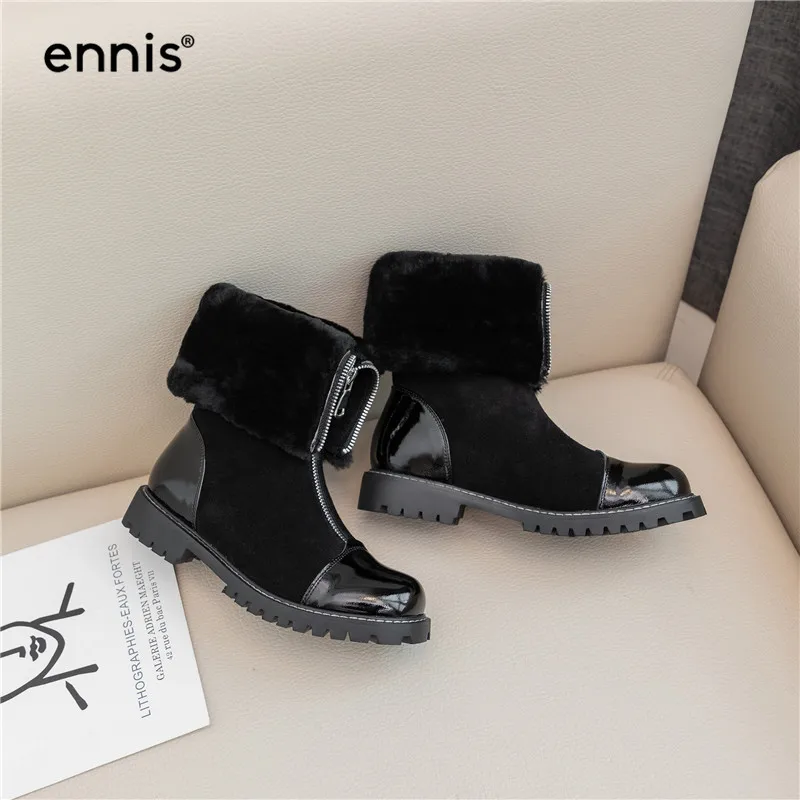 ENNIS/теплые зимние сапоги; женские ботинки из натуральной кожи; замшевые сапоги до середины икры на молнии спереди; женская обувь из плюша и шерсти; Цвет Черный; A9317