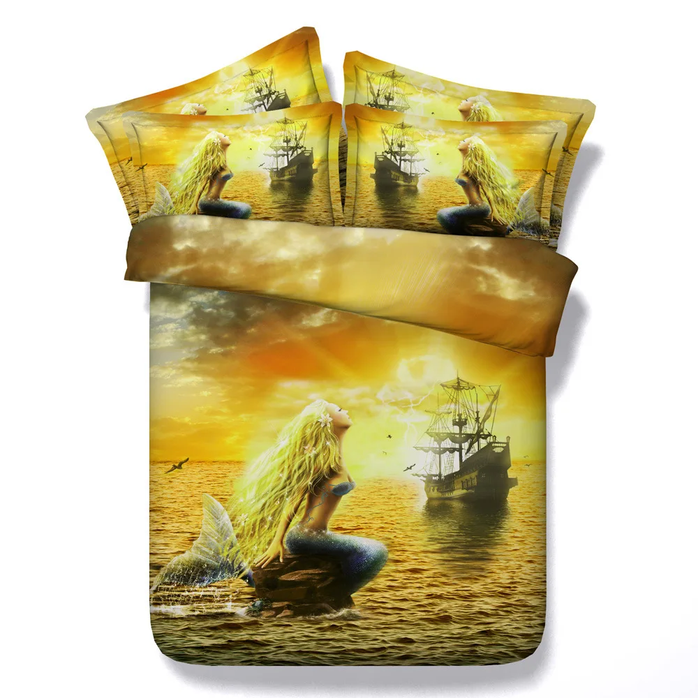 

Luxury Gold Mermaid Galleon Bedding Set Girls Single Double Quilt Comforter Duvet Cover Twin Queen King Size Pillowcases