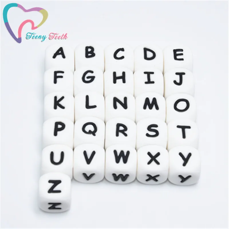 

Teeny Teeth 100 PCS Alphabet Cube Food Grade Silicone Bead in 26 letters BPA Free Silicone Chewing Beads for Teething Chew Beads