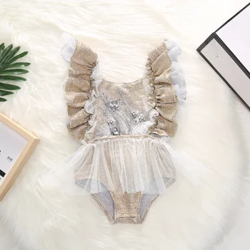 

2020Newborn Baby Girl Flower Lace Bodysuit Tutu Body Embroidered Contrast Mesh Fly Sleeves Dress Outfit Clothes 0 - 24M