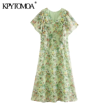 

KPYTOMOA Women 2020 Elegant Fashion Floral Print Ruffled Chiffon Midi Dress Vintage V Neck Short Sleeve Female Dresses Vestidos