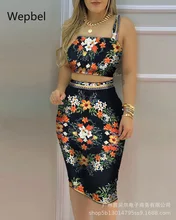 

Wepbel Blue Butterfly Floral Vest Pencil Skirt Set Sexy Crop Tops Sets Women 2 Piece Sleeveless Tops High Waist Skirts Suits