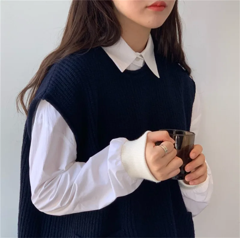 RUGOD свитер с круглым вырезом жилет с карманом женский корейский стиль Повседневный Без Рукавов Вязанный жилет весенний свободный короткий пуловер жилет