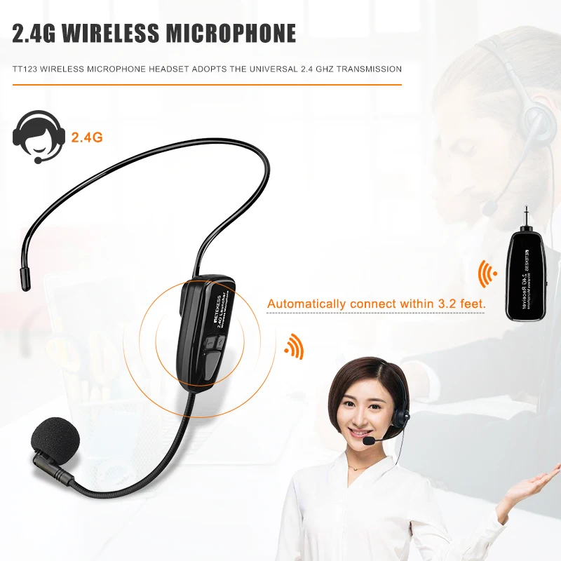Retekess-TT123 2.4G 헤드마운트 무선 마이크 송신기 및 수신기, 음성 증폭기 스피커 교육 투어 가이드 지원
