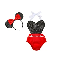 Barboteuse sans manches pour bébés filles, 2 pièces, avec bandeau à nœud, princesse, paillettes en forme de cœur, Style doux, vêtements d'été pour petites filles 