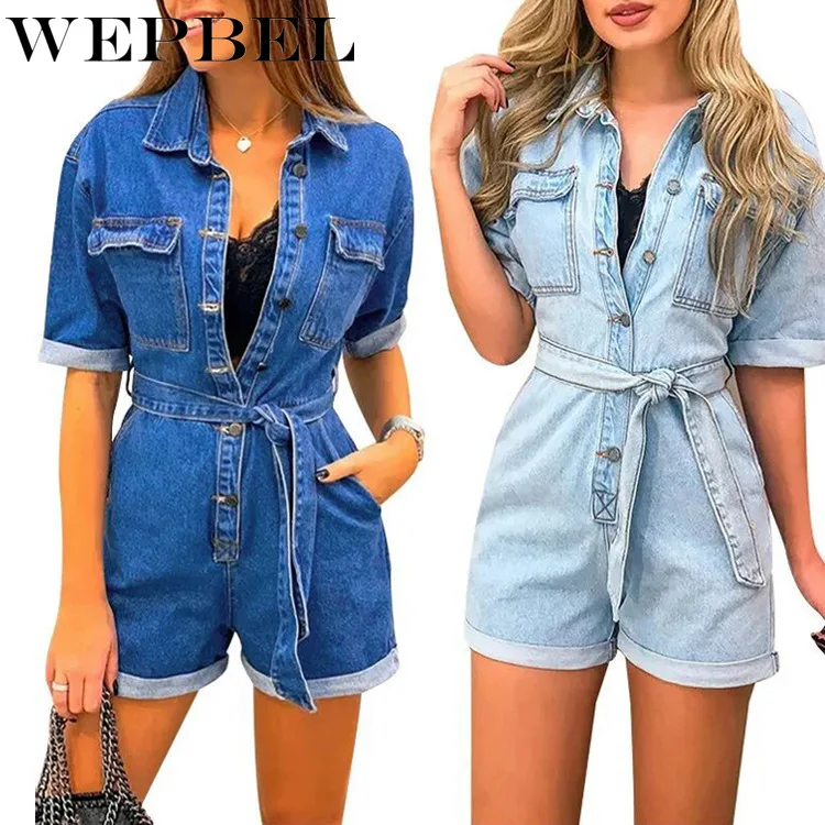 WEPBEL Denim Playsuits Fashion Women Lapel Short Sleeve Pocket Belt Denim Jumpsuit Ladies Button Jeans Romper Summer Overalls WEPBEL Denim Playsuits Fashion Women Lapel Short Sleeve Pocket Belt Denim Jumpsuit Ladies Button Jeans Romper Summer Overalls