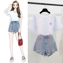 Блестящие сетчатые топы и шорты, комплект летней одежды женский комплект 2 шт. джинсовые шорты 2 предмета, свободная футболка комплекты из двух предметов корейский комплект