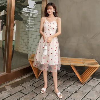 

Fairy Rose Floral Embroidery Sweet Lace Mesh Chiffon Dress Women Summer Beach Lace up Sundress Elegant Casual Midi Holiday Dress