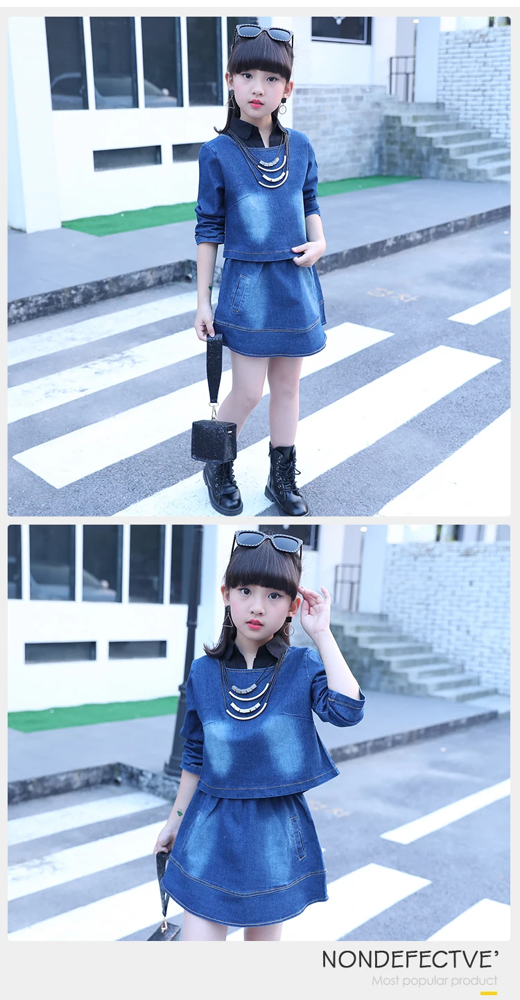 Fall Fashion Cowgirl Children Dress Suits Denim Girls Cowboy Matching Petite Dress And Long Sleeve Denim Top Set
