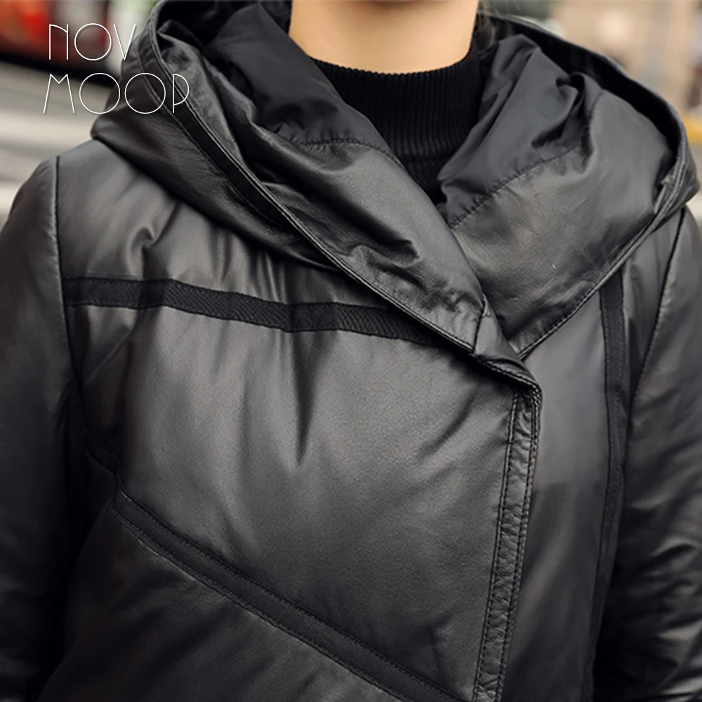Novmoop high street women winter black hooded sheepskin genuine leather long down coat with button decor manteau femme LT2943