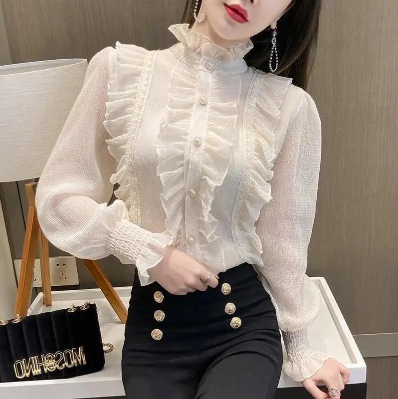 Autumn Party Women Tops Chiffon Blouse Long Flare Sleeve Office Ruffles Clothing Women Shirts Blusas Mujer De Moda French Palace