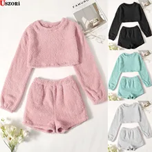 

2021 New Women's Fashion Solid Color 2 Piece Suit Warm Sleepwear Home Clothes Leisure Suit Long Sleeve Top + Shorts