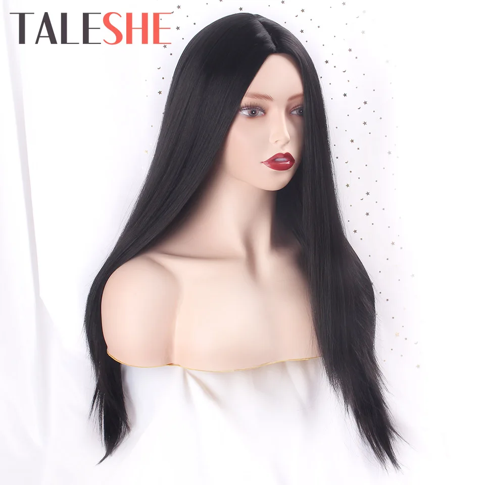 TALESHE Black Long Straight Synthetic Wigs for White /Black Women Middle Part Ombre Brown Gray Red Natural African American