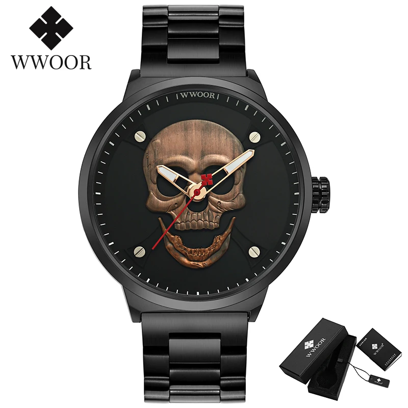 WWOOR Fashion Pirate Style Skull Watch Men Top Brand Luxury Men Waterproof Stainless Steel Quartz Wrist Watches Sports Men Clock 