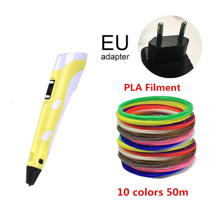 EU YELLOW 50M 3D ручка, ручка для 3d-печати, светодиодный дисплей, 3D ручки с 20 цветами, PLA ABS нити, зарядка через usb, 3D Ручка, набор для детей и взрослых, подарок - Цвет: EU YELLOW 50M