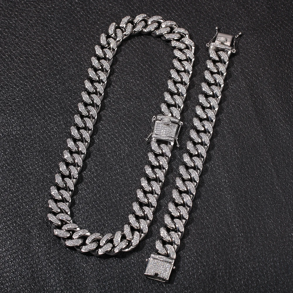 UWIN 2cm Miami Cuban Chain Necklace& Bracelet And Set Stainless Steel With CZ High Quality NE+BA HipHop Jewelry For Gift - Окраска металла: Silver
