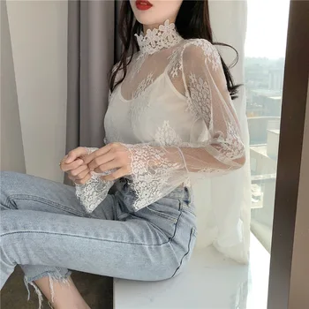 

White Lace Shirt Female Long Sleeved All-match Mesh Blouse Transparent Cut-out Lace Blouse Girls Ladies All-match Lace Top Mujer