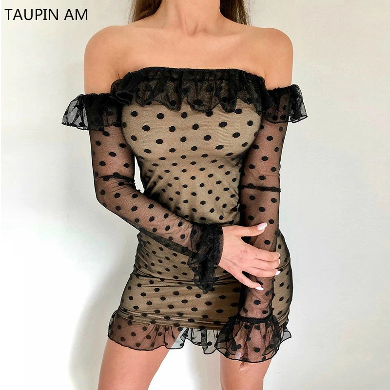 2019 черное кружевное платье в стиле пэчворк с оборками горошек сексуальное