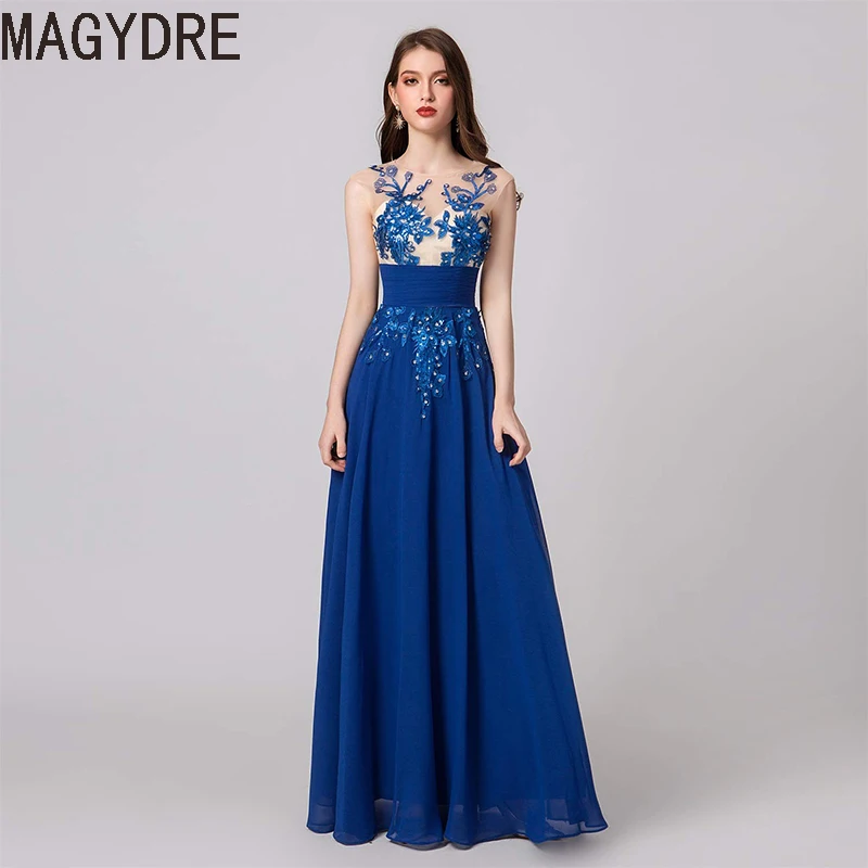Вечерние платья Длинные трапециевидные аппликации Robe De Soiree o-образным вырезом Иллюзия без рукавов Формальные платья женское элегантное платье