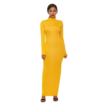 

KLV 2019 women dress платье dress Women's Casual Solid Color High Collar Long Sleeve Stretch Slim Long Dress free shipping D4