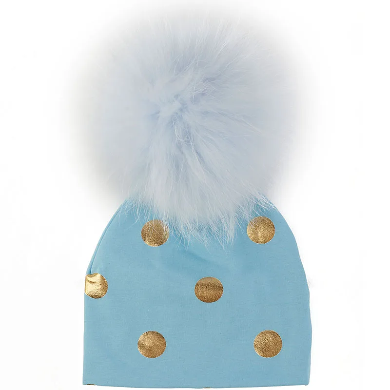 Geebro Newborn Baby Hat Real raccoon fur ball Pompom Beanie  Cotton Solid Hats For Baby Girls Boys Toddler Winter Children Caps 