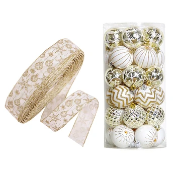 

30Pcs Christmas Tree Decor High Qulity White Gold Ball Ornament Bauble Party Hanging Ball & 1x 10M Powder Tulle Lace Ribbon DIY