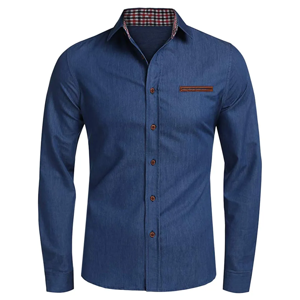 Womail, деловая рубашка для мужчин, осенняя мода, евро-американская рубашка, джинсовая, с длинным рукавом, на пуговицах, мужская повседневная Однотонная рубашка, блуза P94
