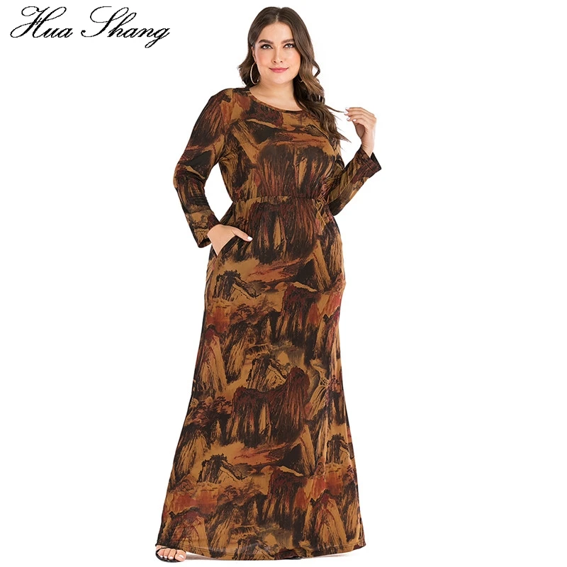 6XL размера плюс Abayas мусульманское платье для женщин Осень Зима с длинным рукавом РЕТРО ПРИНТ Винтаж Макси Длинные платья Дубай Исламская одежда