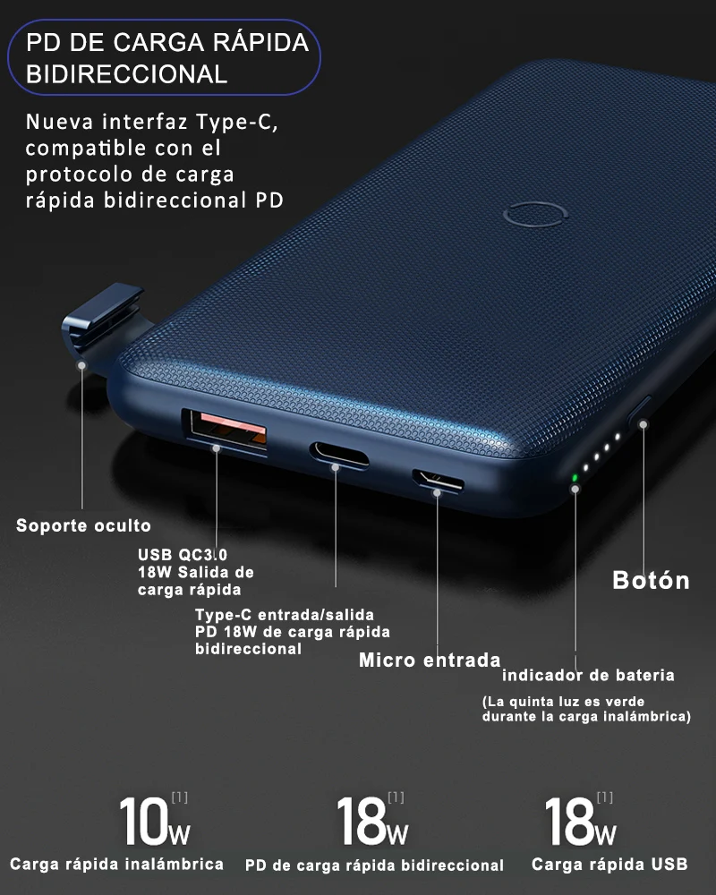 Power Bank fast charging PD & QC3.0 18W - 10000 mAh external battery, portable Charger for Android & iOSTableta Power Bank fast charging PD & QC3.0 18W - 10000 mAh external battery, portable Charger for Android & iOSTableta