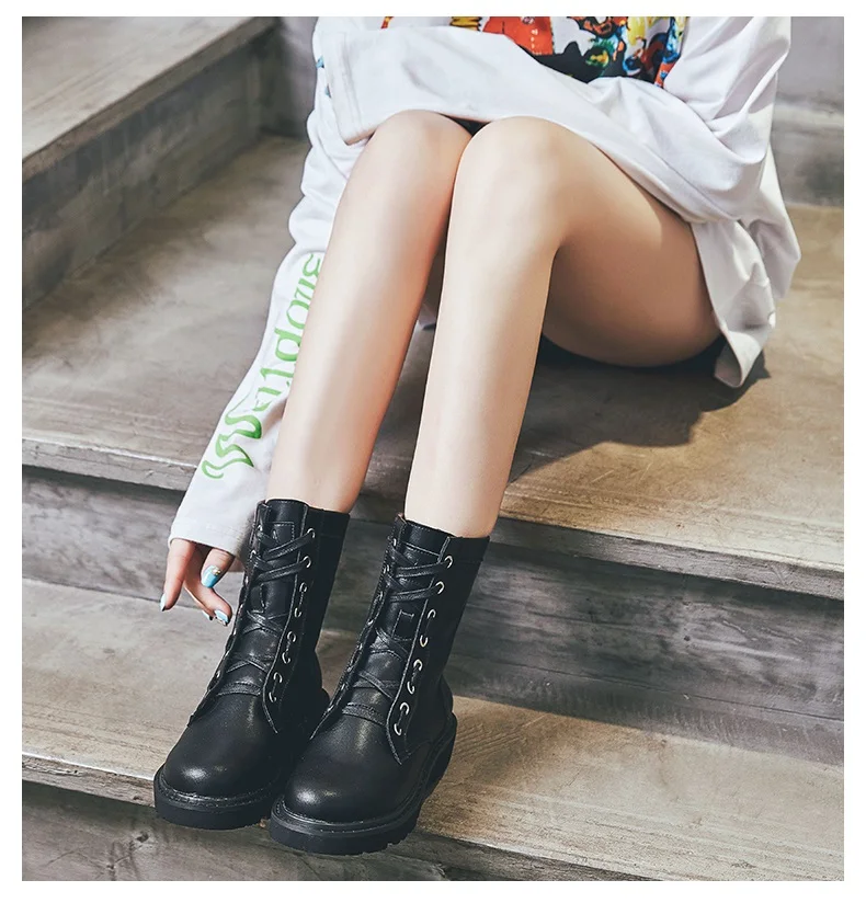 

Genuine Leather Boots Ladies Warm Lace Up Zipper Mid Calf Ankle Boots Thick Heel Shoes Booties zapatos de mujer 2019
