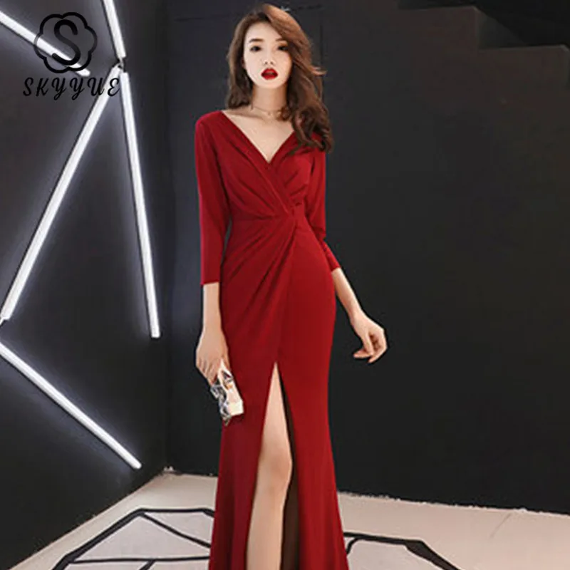 Skyyue вечернее платье с рукавом три четверти Robe De Soiree вечерние платья с блестками для женщин сексуальные Формальные платья с v-образным вырезом F003