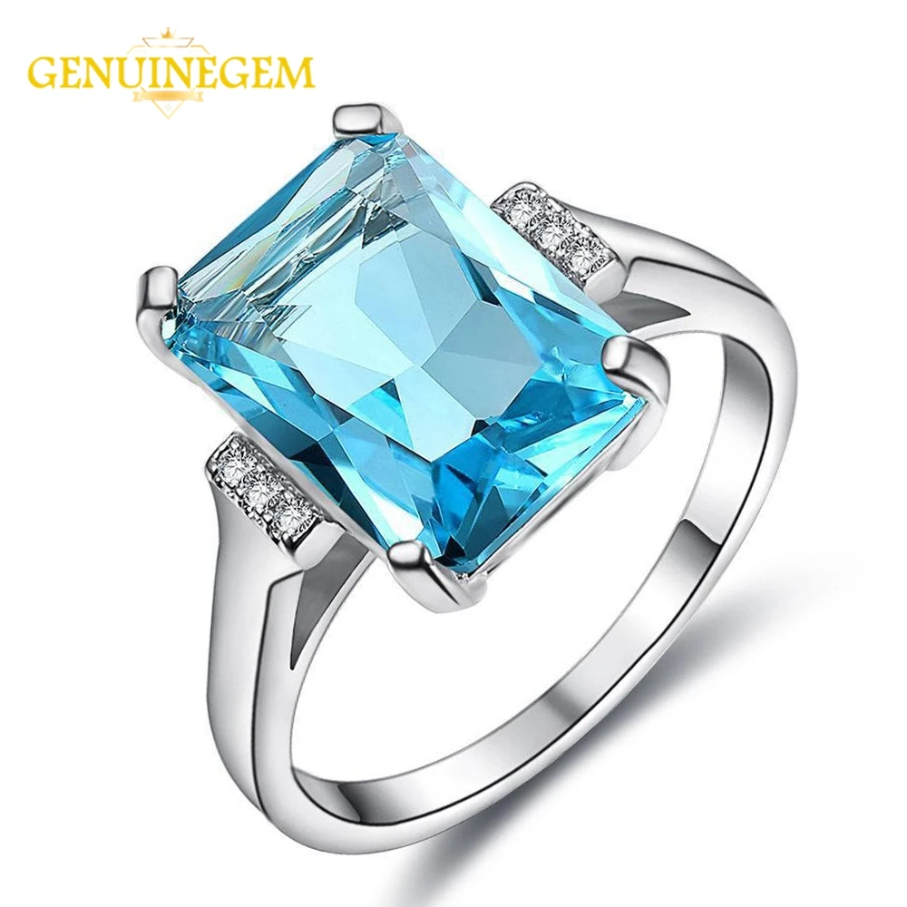 

GENUINEGEM Fashion 10x14MM Blue Aquamarine Gemstone Women's Wedding Engagement Rings Wholesale silver 925 jewelry Ring for Women