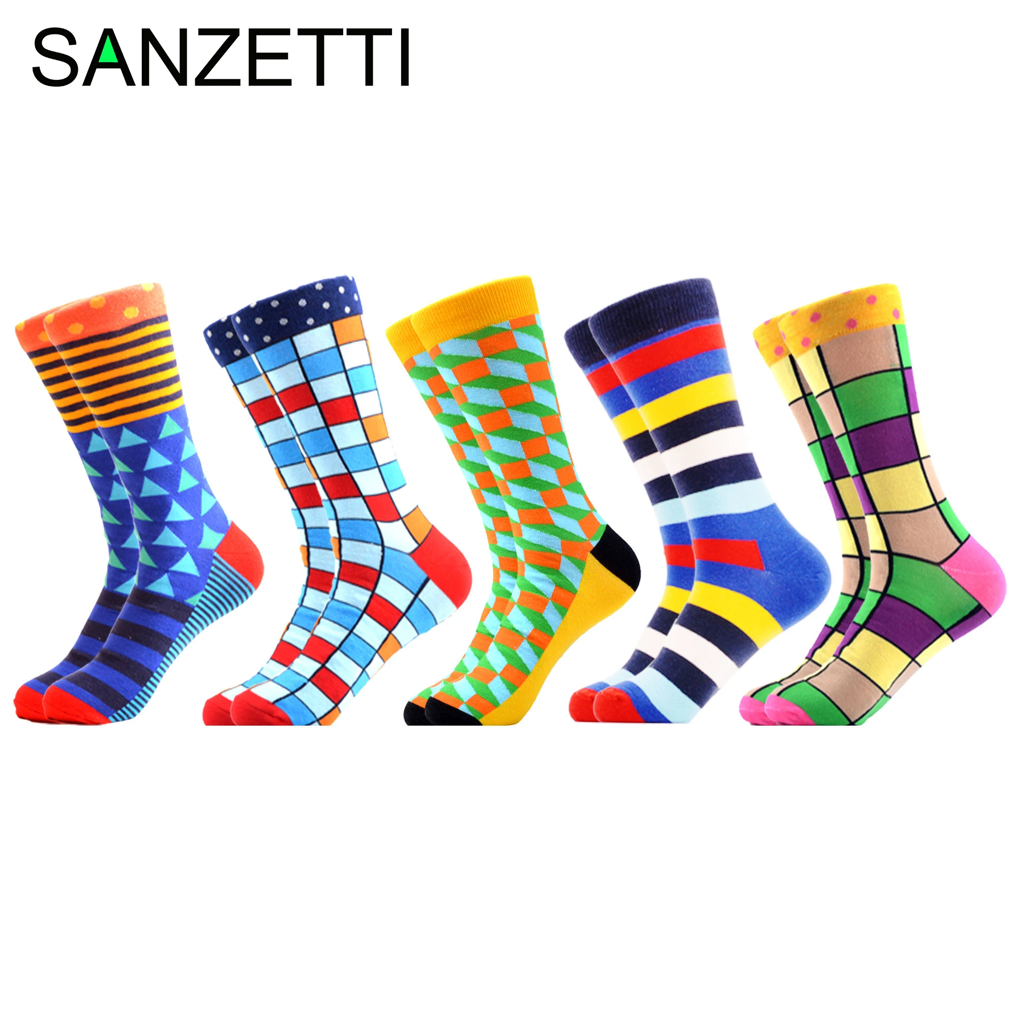 SANZETTI, 5 пар/лот, мужские цветные забавные носки из чесаного хлопка, с Аргайлом, наполненные оптическими полосками, повседневные носки, зимние носки